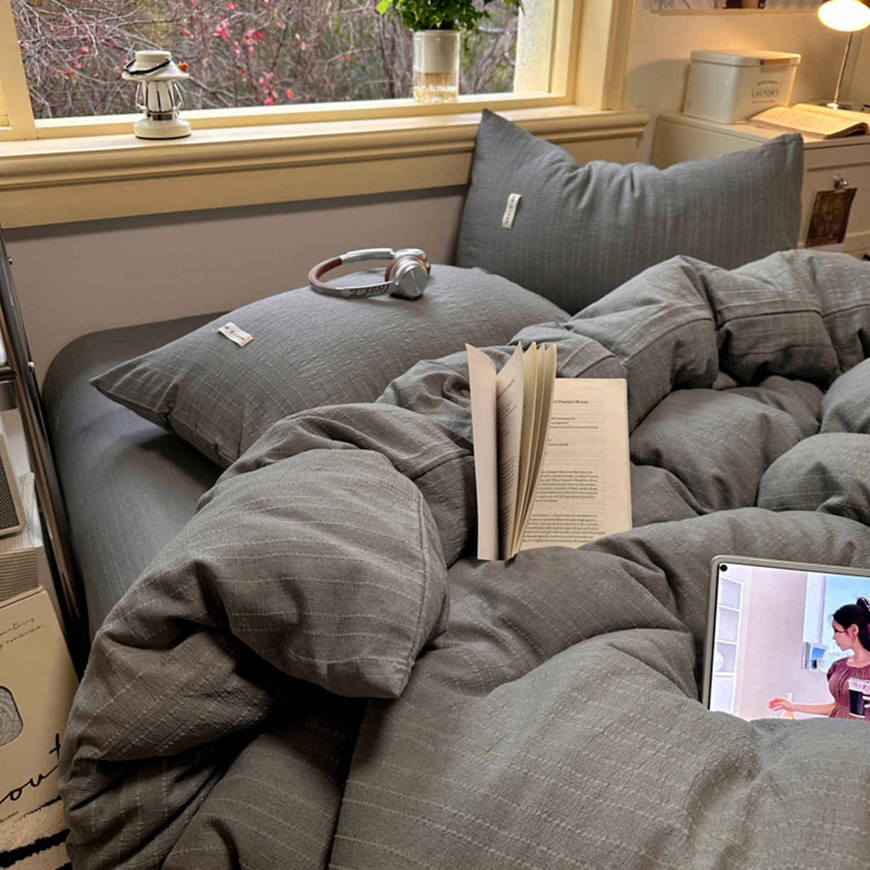 91家纺网 家纺一手货源 找家纺 阿曼达 2026新款简约素色亚麻风纯色无印四件套-素然 素然-烟灰