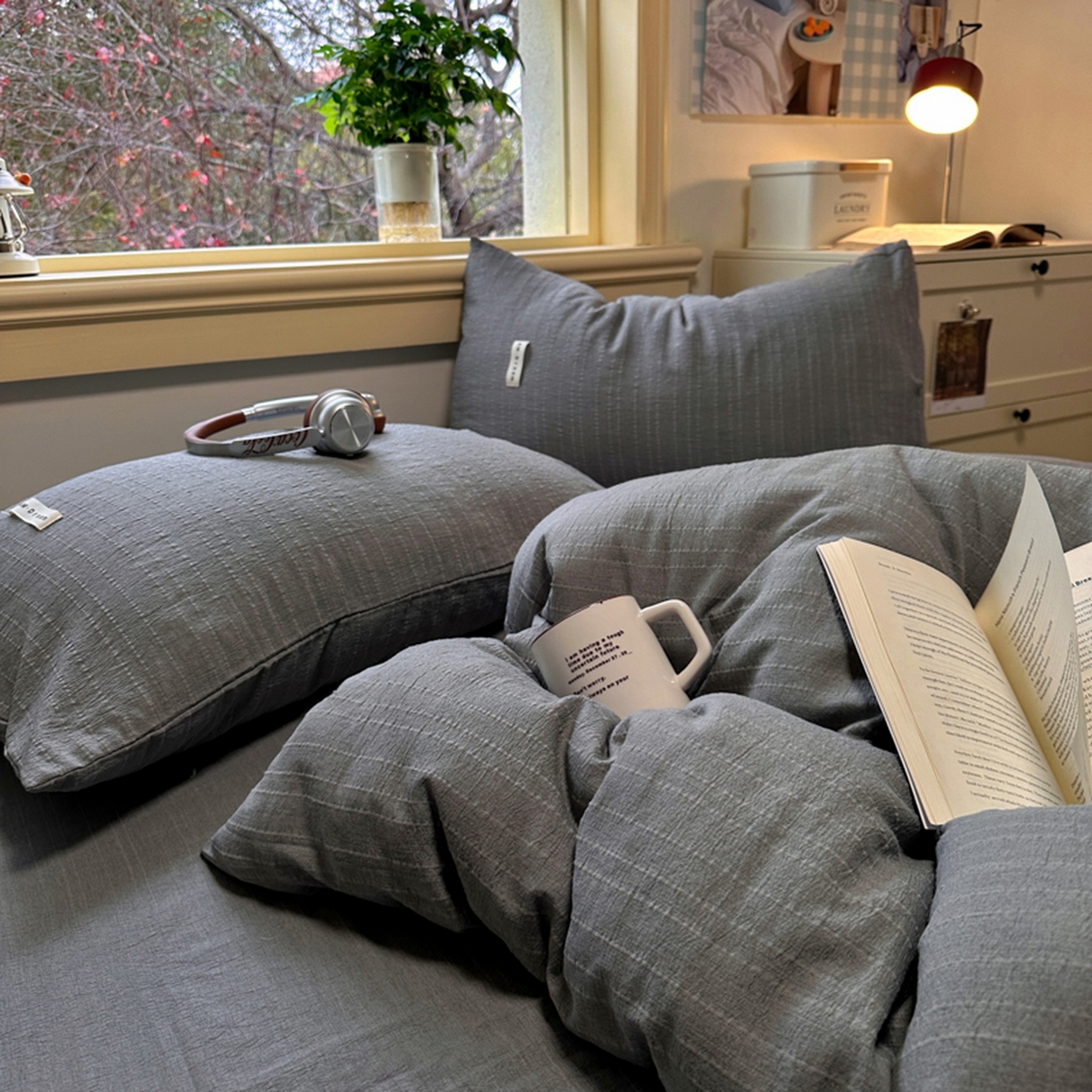 91家纺网 家纺一手货源 找家纺 阿曼达 2026新款简约素色亚麻风纯色无印四件套-素然 素然-烟灰