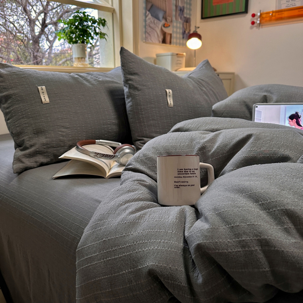 91家纺网 家纺一手货源 找家纺 阿曼达 2026新款简约素色亚麻风纯色无印四件套-素然 素然-烟灰