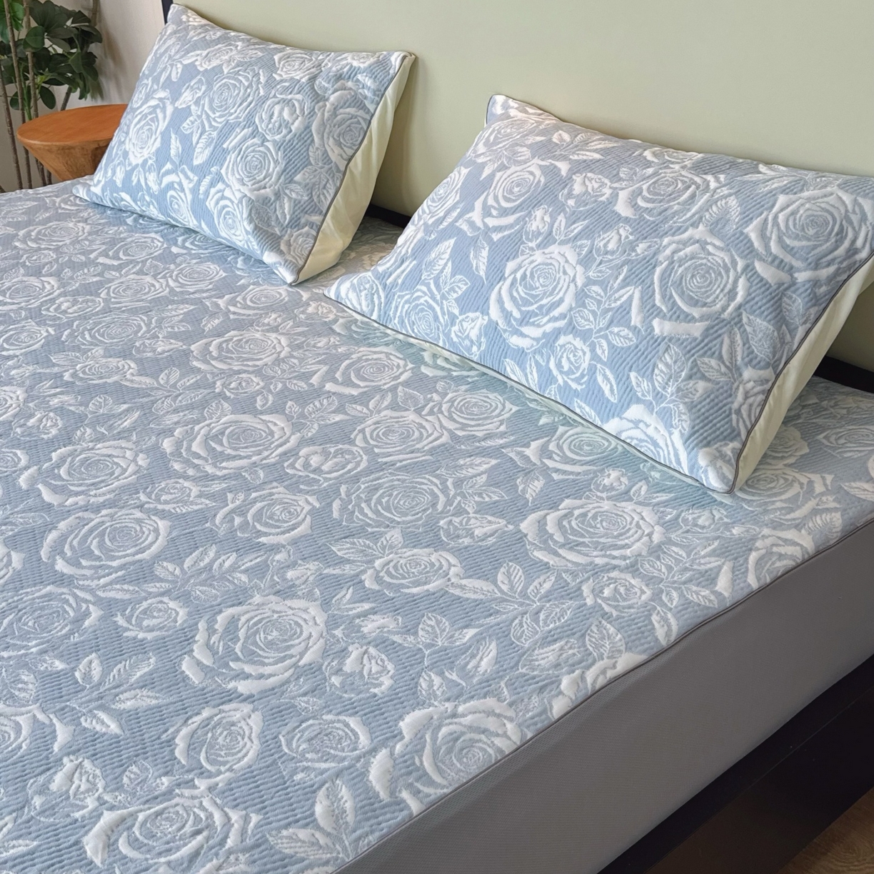 91家纺网 家纺一手货源 找家纺 兜米家居 2026春夏新款韩国冷感科技PE软凉席垫三件套【床笠款】 床笠款～玫瑰蓝