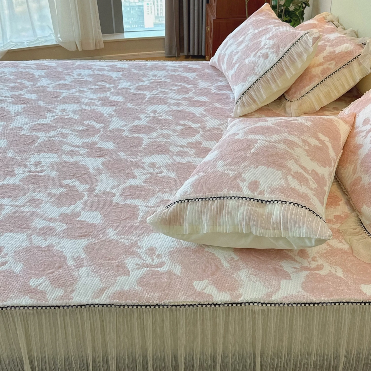 91家纺网 家纺一手货源 找家纺 兜米家居 2026春夏新款韩国冷感科技PE软凉席垫【床裙款】 床裙款-玫瑰粉