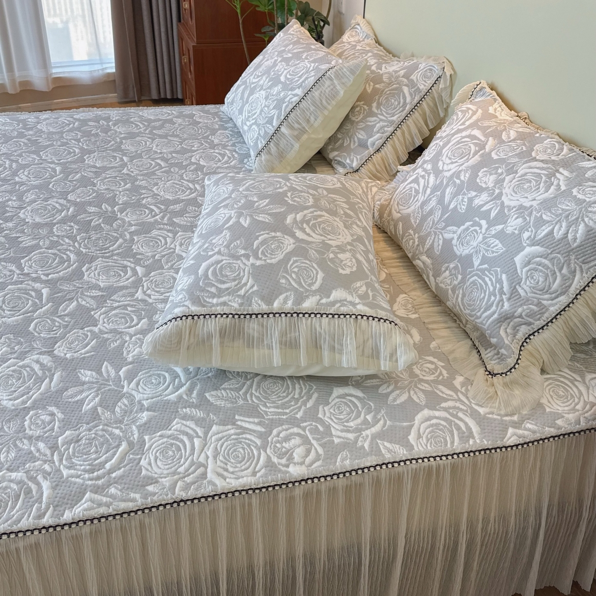 91家纺网 家纺一手货源 找家纺 兜米家居 2026春夏新款韩国冷感科技PE软凉席垫【床裙款】 床裙款-玫瑰灰