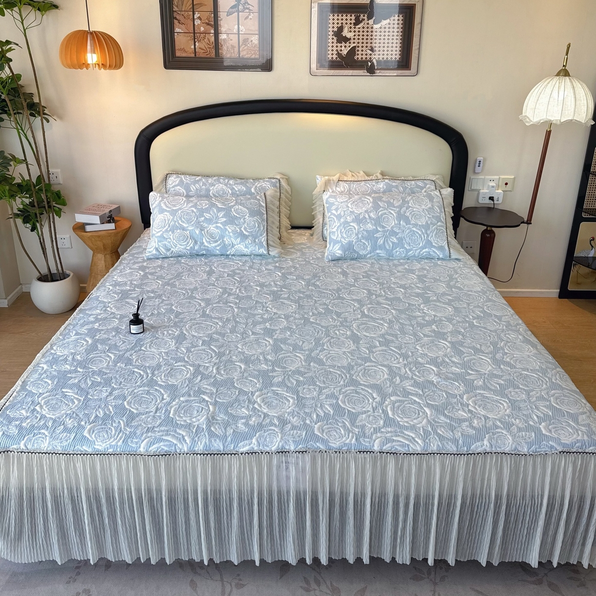 91家纺网 家纺一手货源 找家纺 兜米家居 2026春夏新款韩国冷感科技PE软凉席垫【床裙款】 床裙款-玫瑰蓝