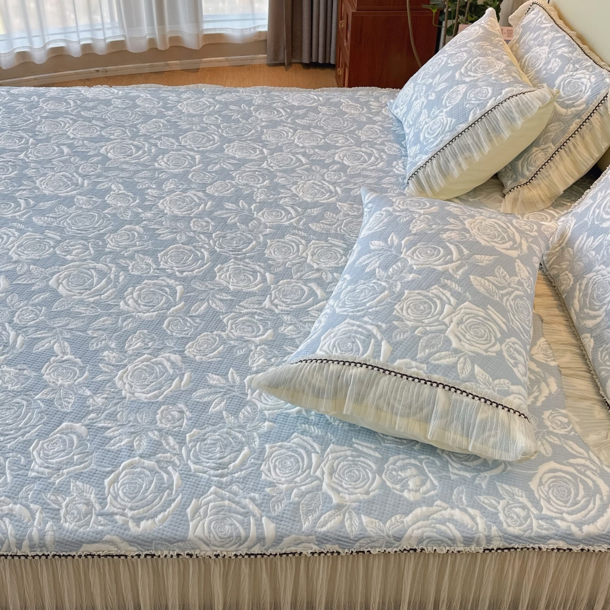 91家纺网 家纺一手货源 找家纺 兜米家居 2026春夏新款韩国冷感科技PE软凉席垫【床裙款】 床裙款-玫瑰蓝