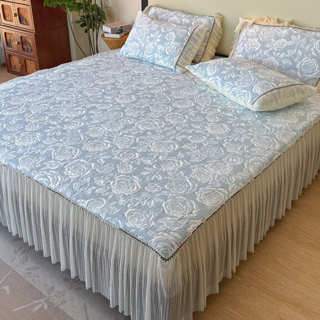 91家纺网 家纺一手货源 找家纺 兜米家居 2026春夏新款韩国冷感科技PE软凉席垫【床裙款】 床裙款-玫瑰蓝