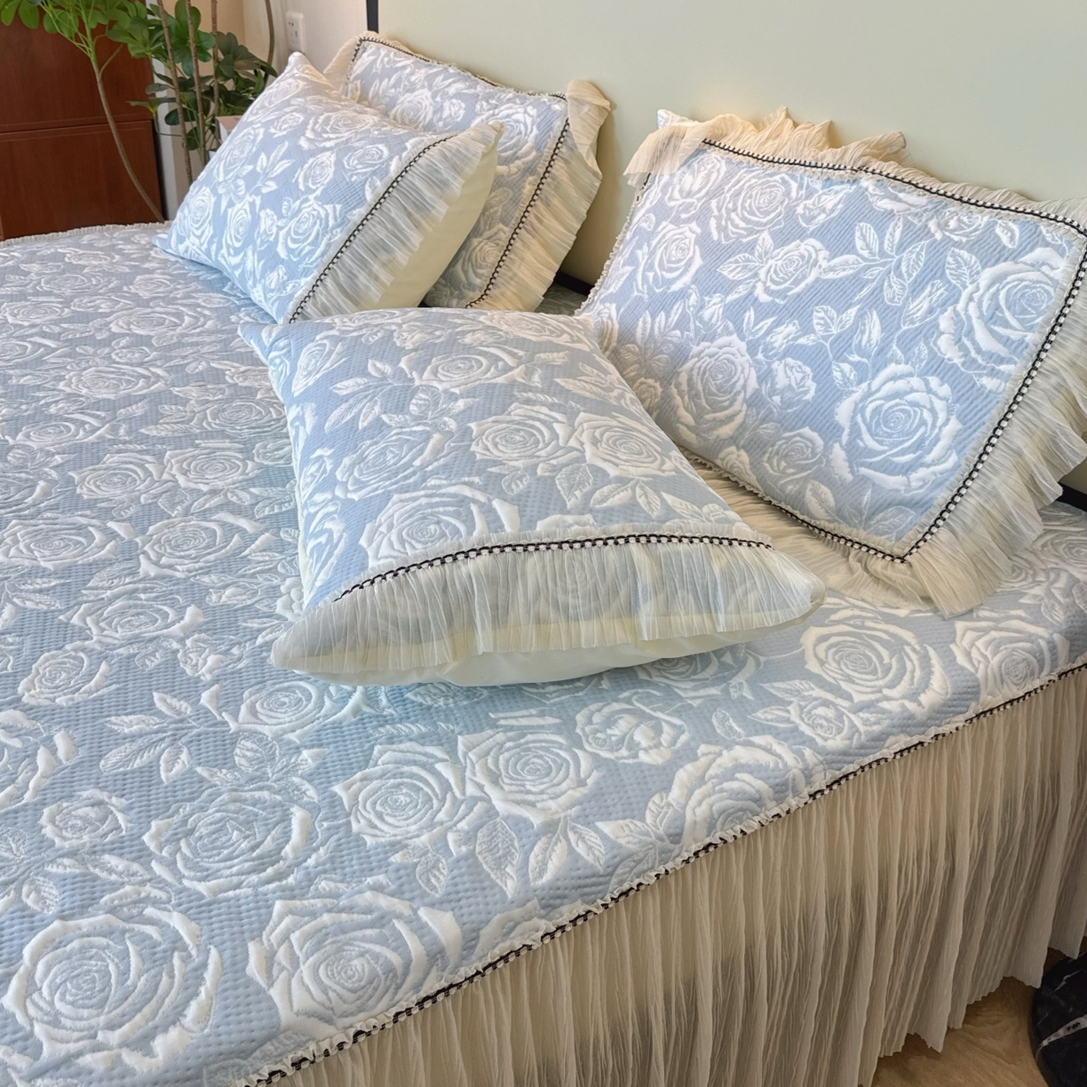 91家纺网 家纺一手货源 找家纺 兜米家居 2026春夏新款韩国冷感科技PE软凉席垫【床裙款】 床裙款-玫瑰蓝