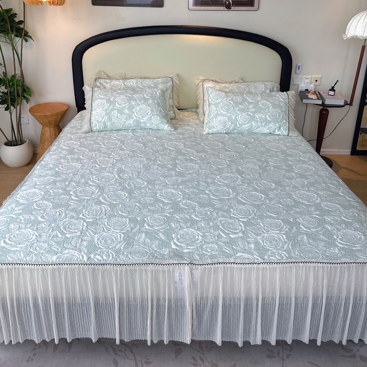 91家纺网 家纺一手货源 找家纺 兜米家居 2026春夏新款韩国冷感科技PE软凉席垫【床裙款】 床裙款-玫瑰绿