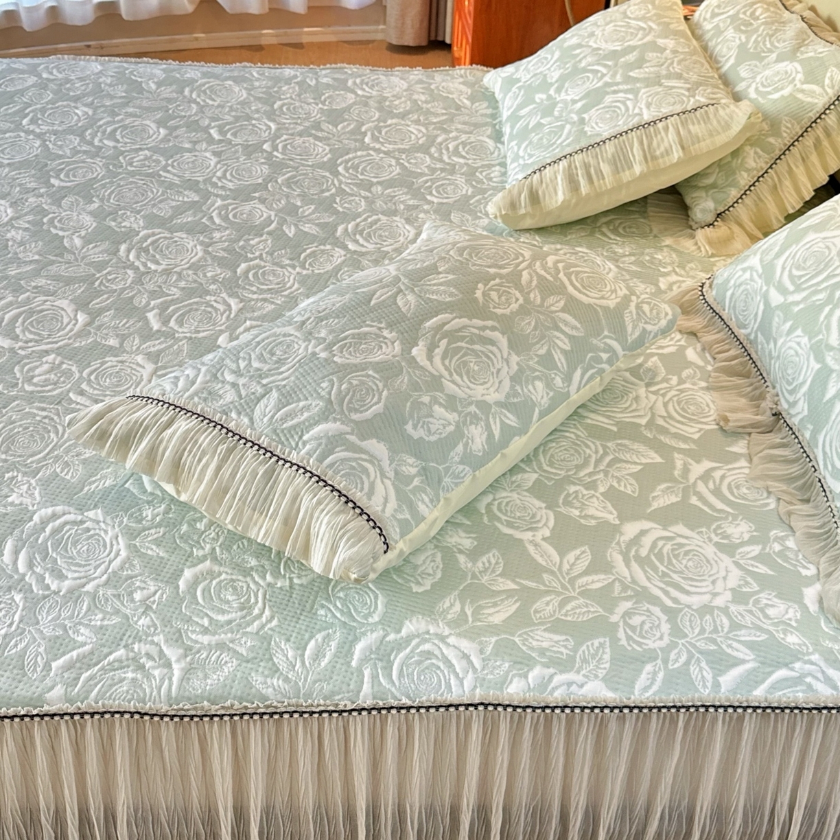 91家纺网 家纺一手货源 找家纺 兜米家居 2026春夏新款韩国冷感科技PE软凉席垫【床裙款】 床裙款-玫瑰绿