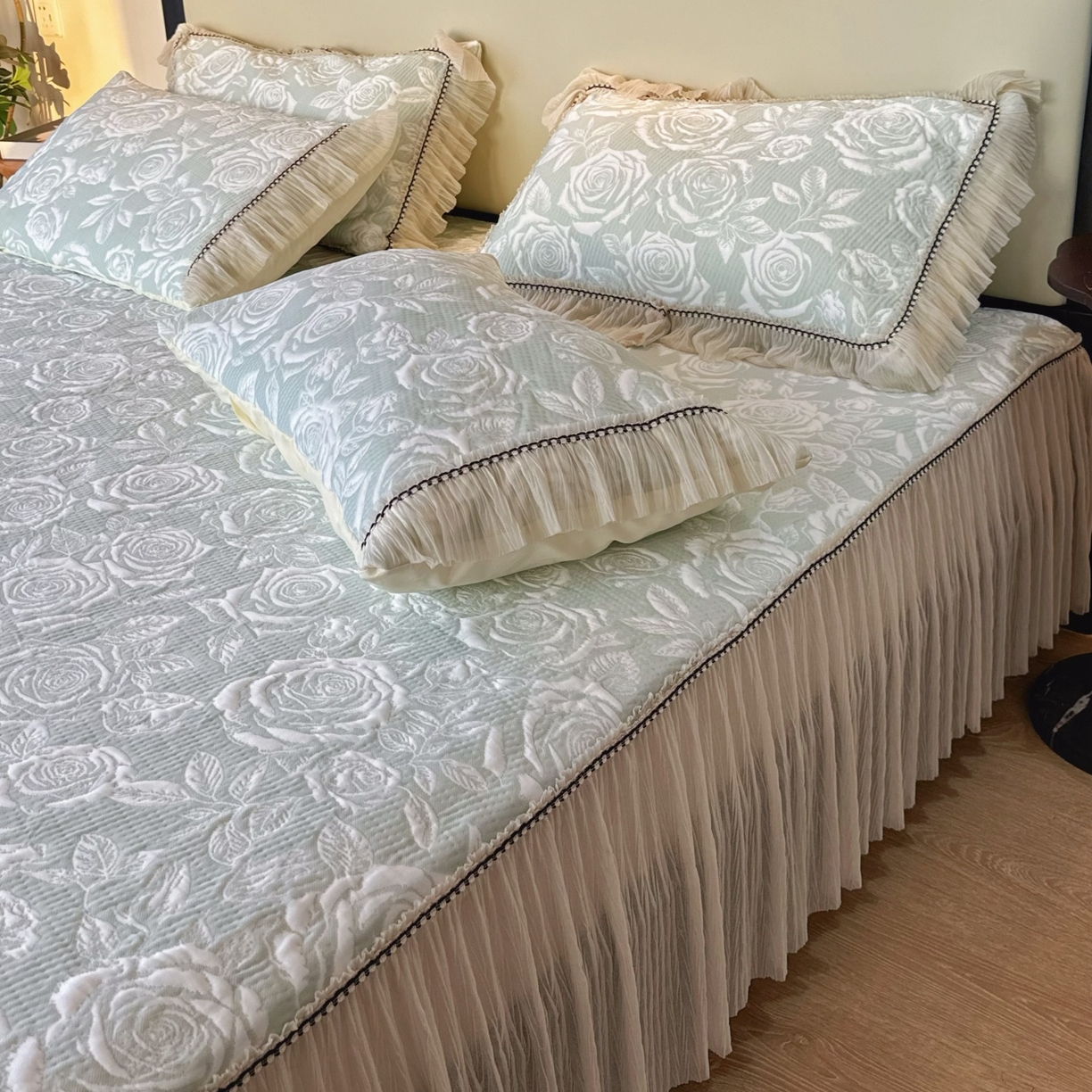 91家纺网 家纺一手货源 找家纺 兜米家居 2026春夏新款韩国冷感科技PE软凉席垫【床裙款】 床裙款-玫瑰绿