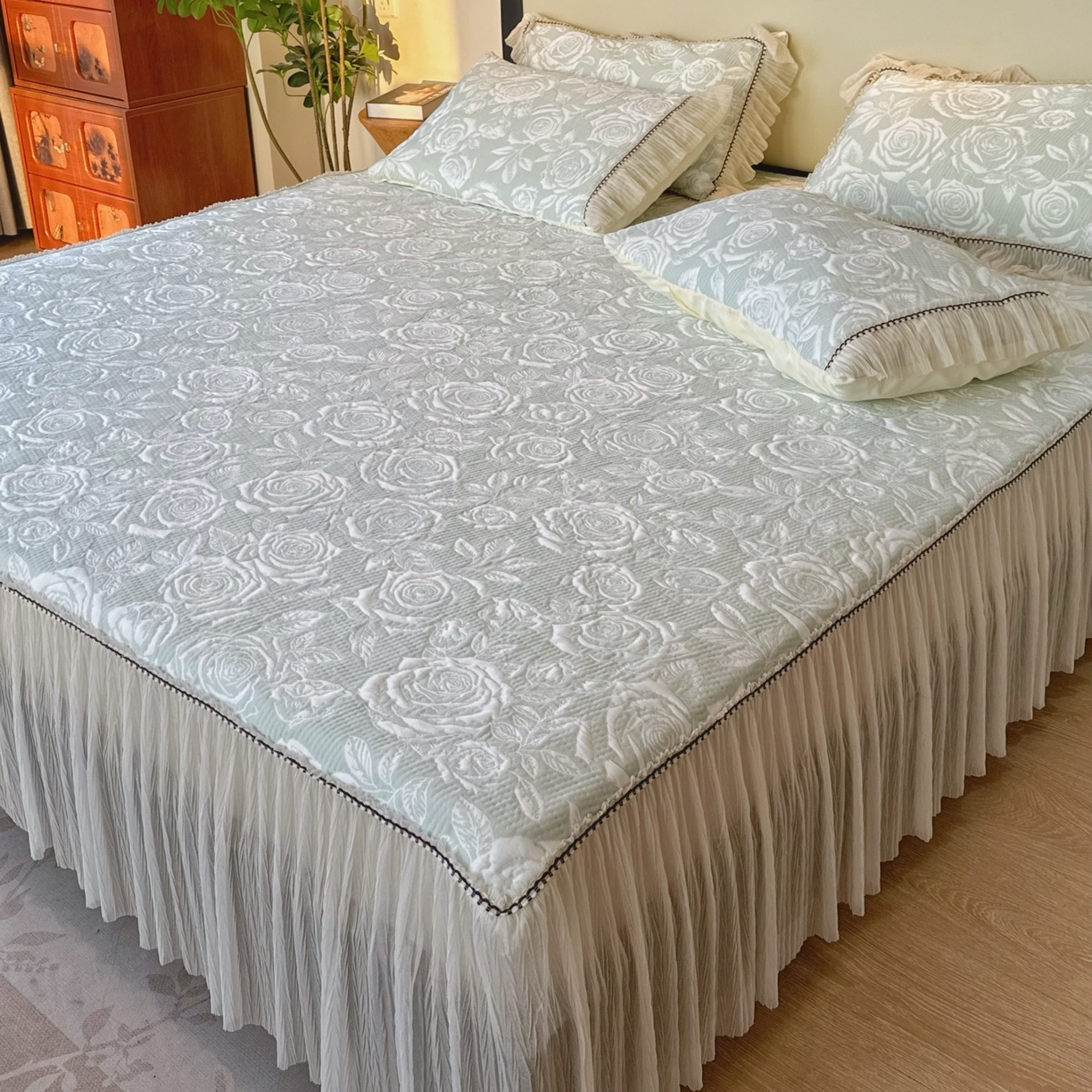 91家纺网 家纺一手货源 找家纺 兜米家居 2026春夏新款韩国冷感科技PE软凉席垫【床裙款】 床裙款-玫瑰绿