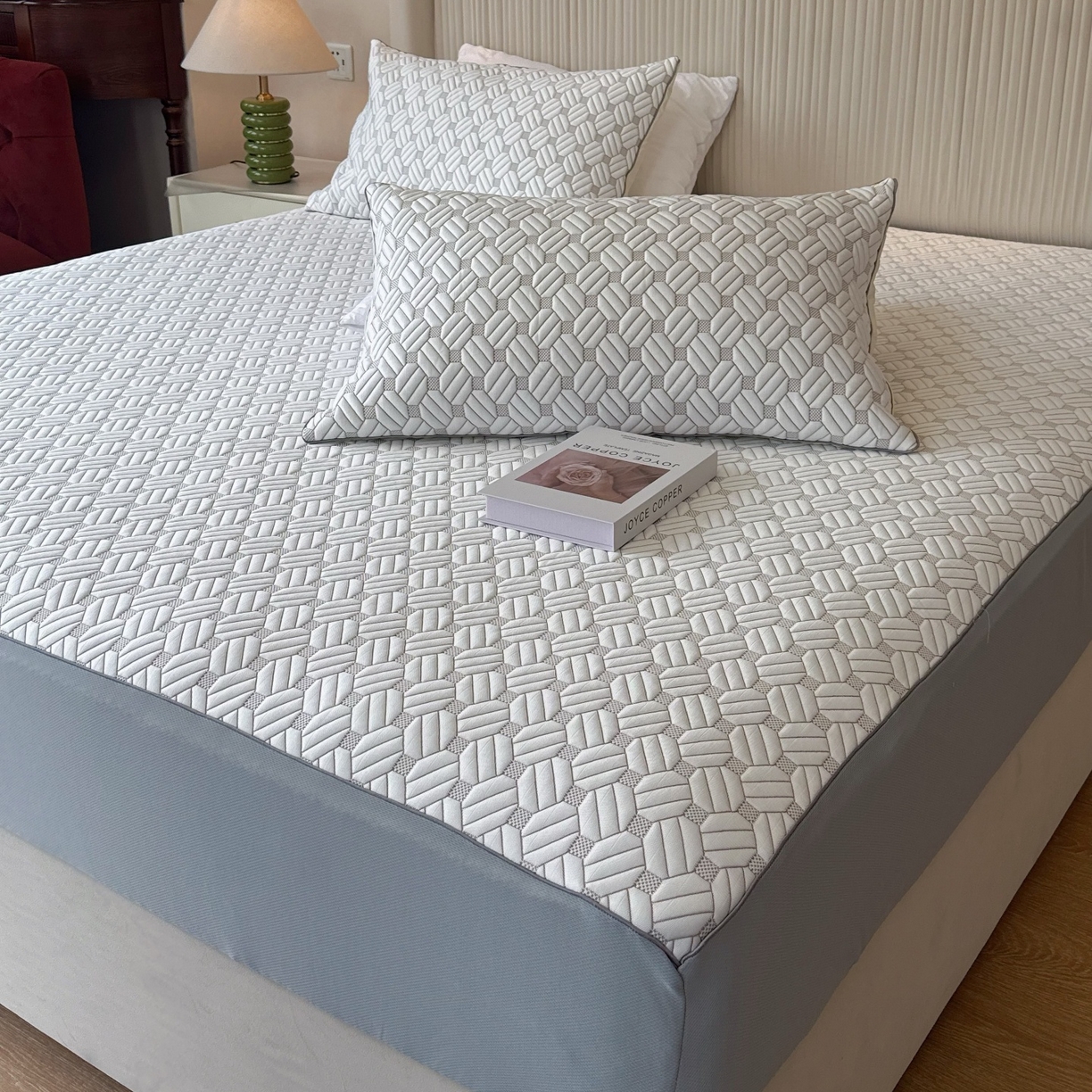 兜米家居 2026春夏新款韩国凉感科技PE凉席床笠款三件套 几何浅咖