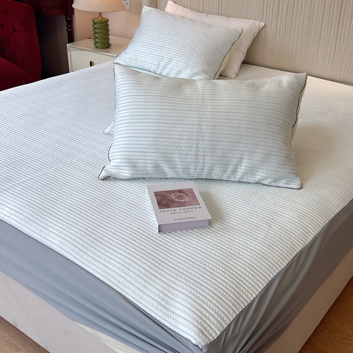 兜米家居 2026春夏新款韩国凉感科技PE凉席床笠款三件套 条纹蓝