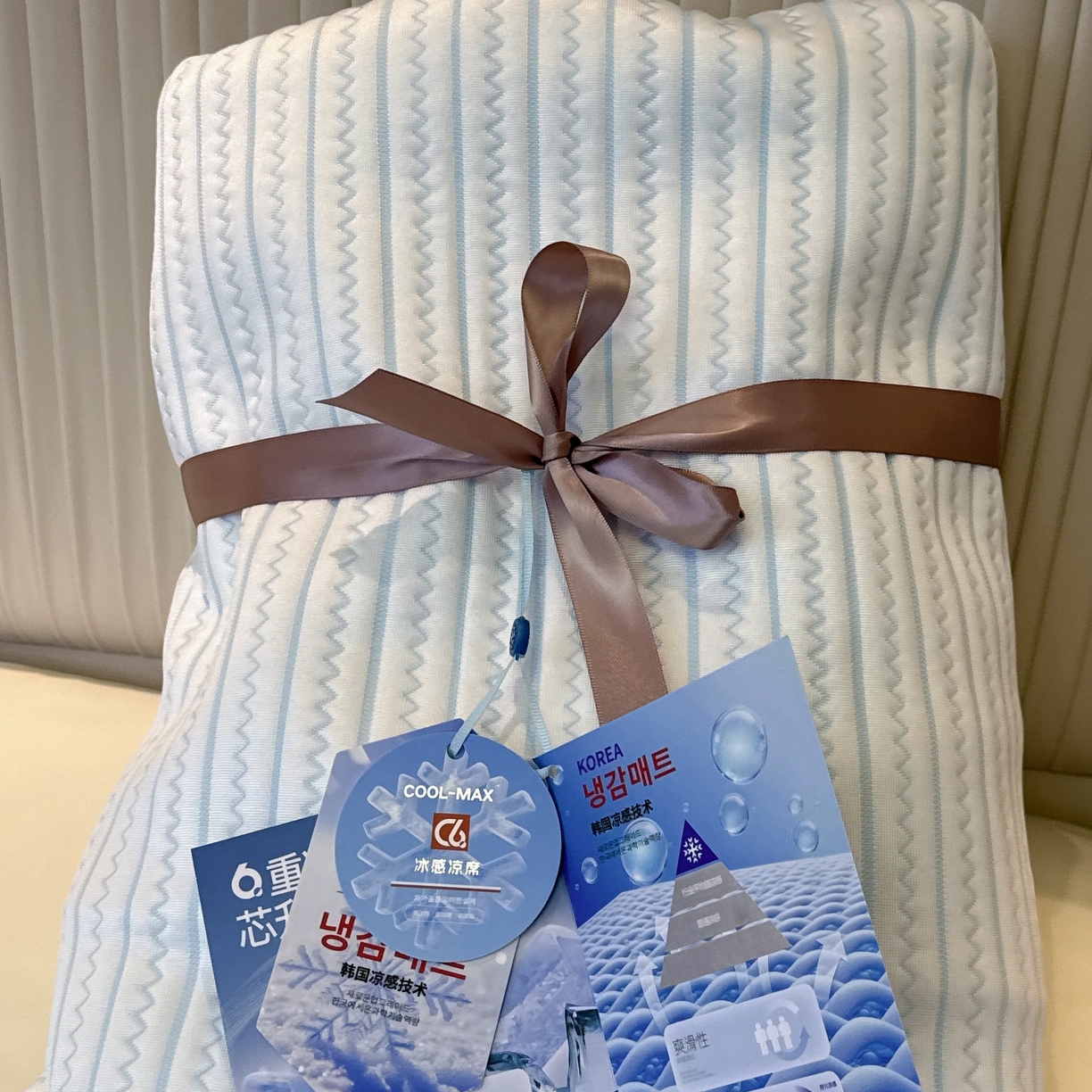 91家纺网 家纺一手货源 找家纺 兜米家居 2026春夏新款韩国凉感科技PE凉席床笠款三件套 条纹蓝