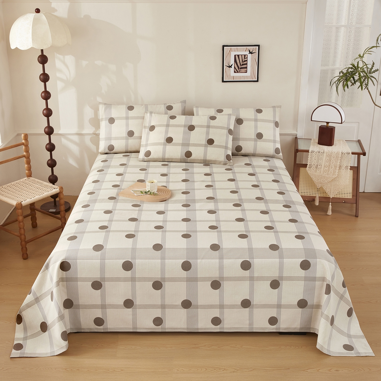 91家纺网 家纺一手货源 找家纺 美丽折家纺 2026春夏新款原棉老粗布单床单床单单件床单三件套 波点奶荼