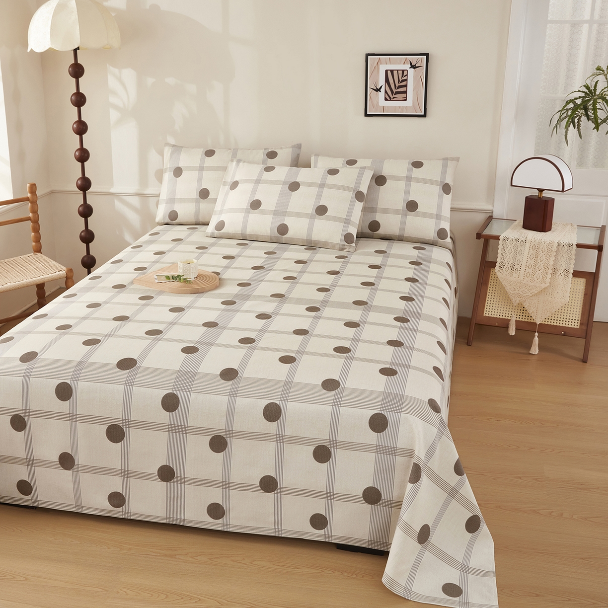 91家纺网 家纺一手货源 找家纺 美丽折家纺 2026春夏新款原棉老粗布单床单床单单件床单三件套 波点奶荼