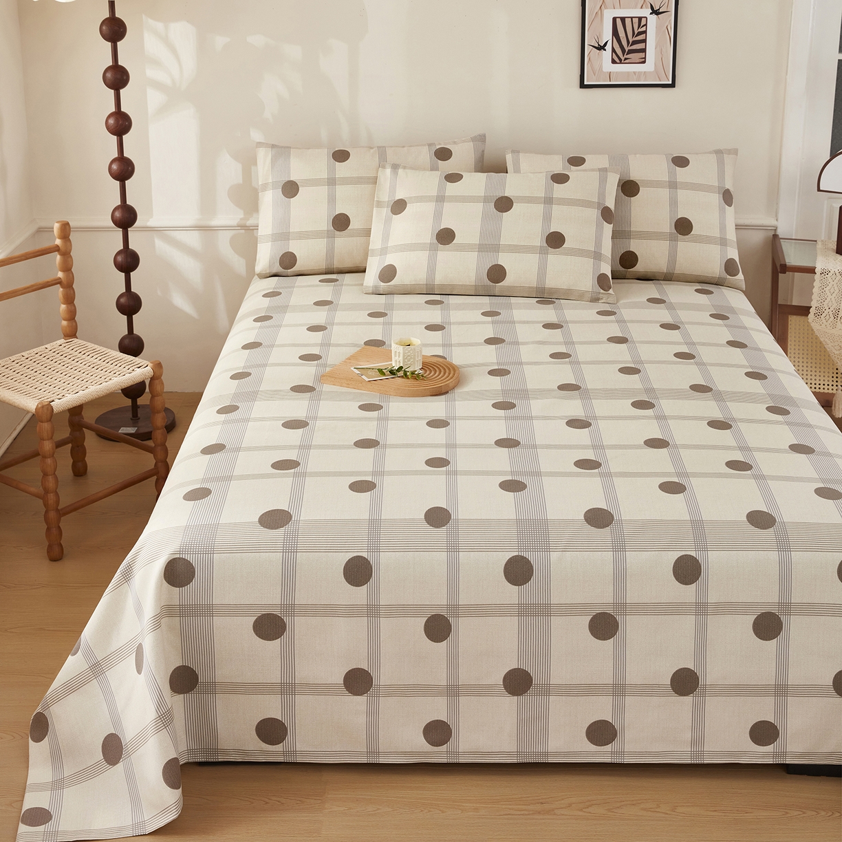 91家纺网 家纺一手货源 找家纺 美丽折家纺 2026春夏新款原棉老粗布单床单床单单件床单三件套 波点奶荼