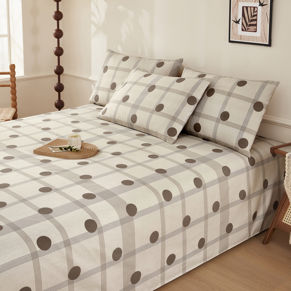 91家纺网 家纺一手货源 找家纺 美丽折家纺 2026春夏新款原棉老粗布单床单床单单件床单三件套 波点奶荼