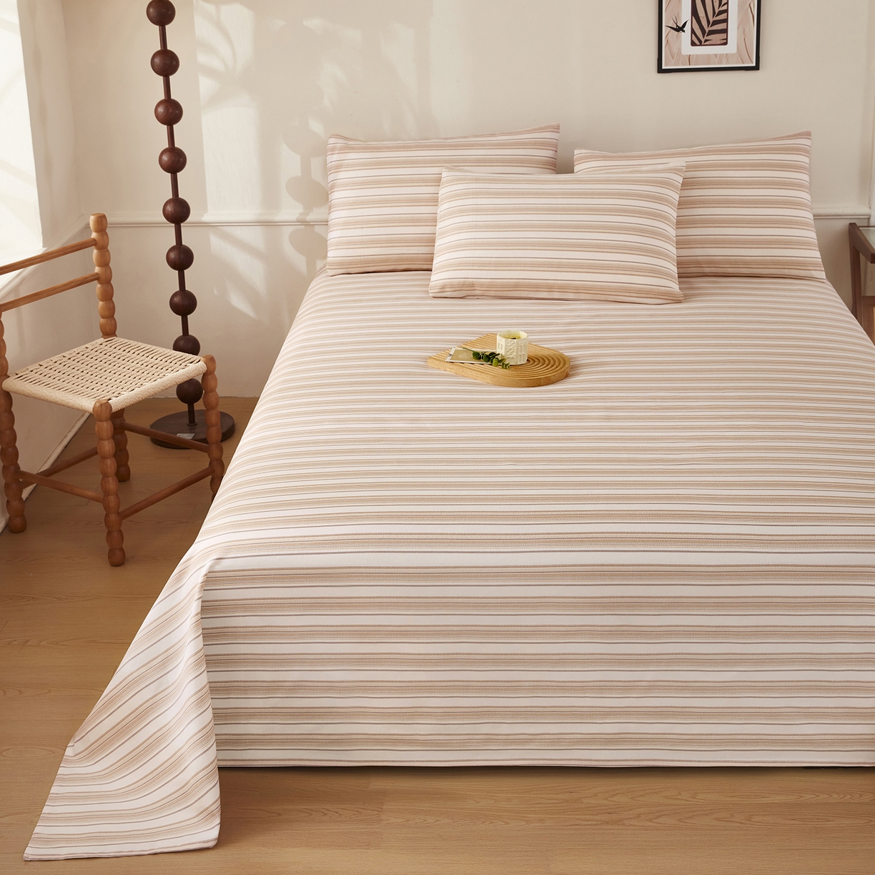 91家纺网 家纺一手货源 找家纺 美丽折家纺 2026春夏新款原棉老粗布单床单床单单件床单三件套 条纹-粉