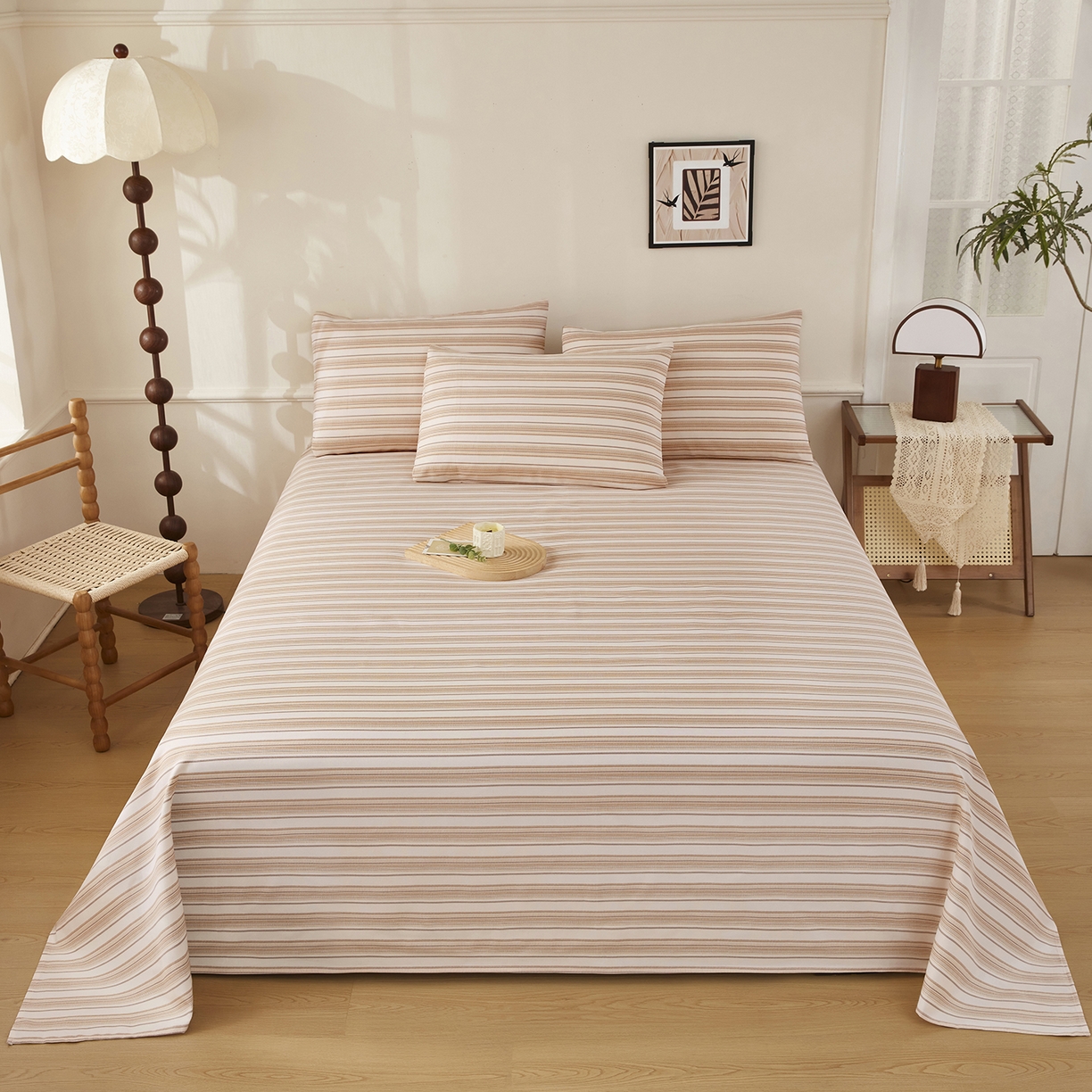 91家纺网 家纺一手货源 找家纺 美丽折家纺 2026春夏新款原棉老粗布单床单床单单件床单三件套 条纹-粉