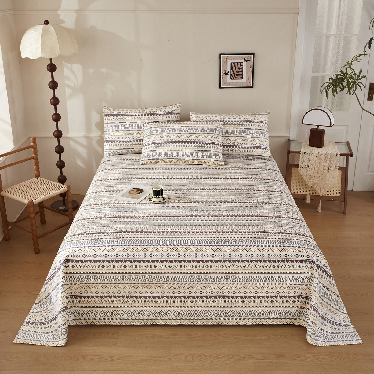 91家纺网 家纺一手货源 找家纺 美丽折家纺 2026春夏新款原棉老粗布单床单床单单件床单三件套 波西米亚-咖