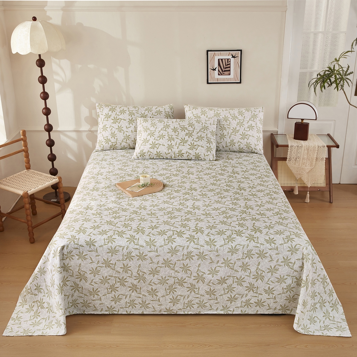 91家纺网 家纺一手货源 找家纺 美丽折家纺 2026春夏新款原棉老粗布单床单床单单件床单三件套 绿影