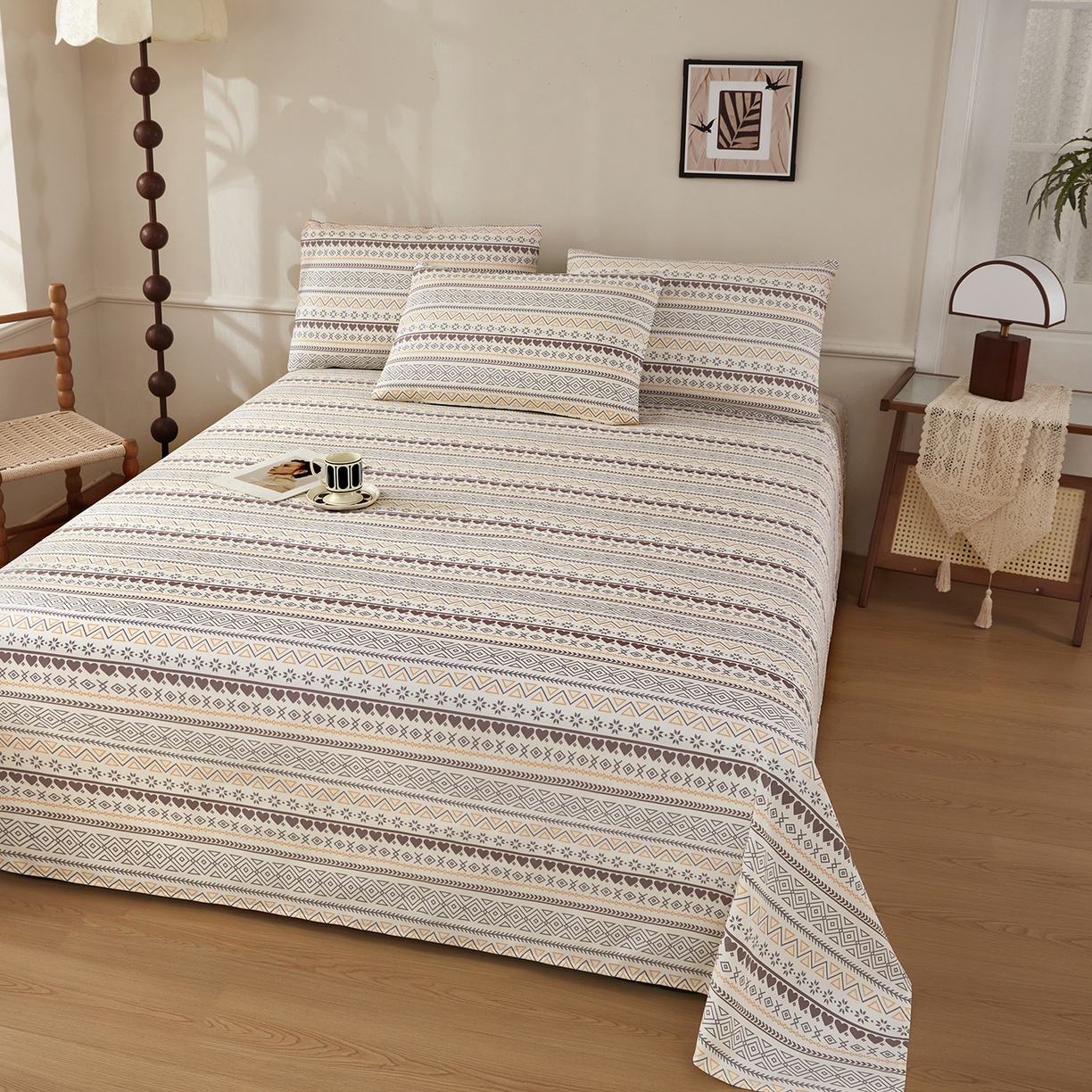 91家纺网 家纺一手货源 找家纺 美丽折家纺 2026春夏新款原棉老粗布单床单床单单件床单三件套 波西米亚-咖