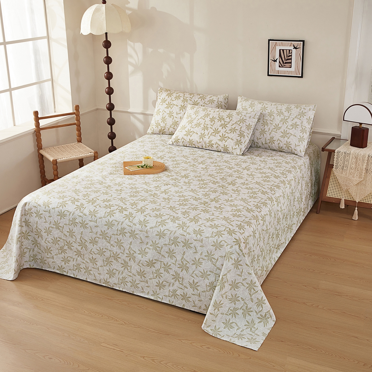 91家纺网 家纺一手货源 找家纺 美丽折家纺 2026春夏新款原棉老粗布单床单床单单件床单三件套 绿影