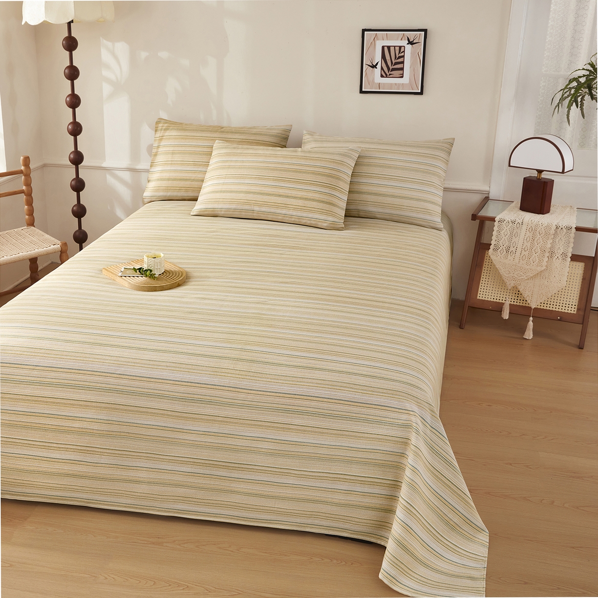 91家纺网 家纺一手货源 找家纺 美丽折家纺 2026春夏新款原棉老粗布单床单床单单件床单三件套 浅禾