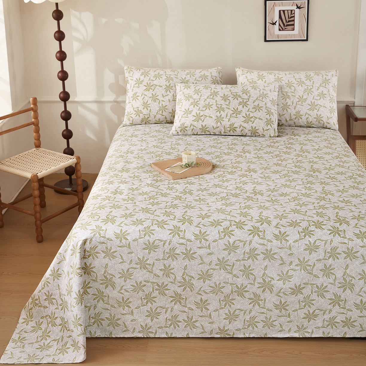 91家纺网 家纺一手货源 找家纺 美丽折家纺 2026春夏新款原棉老粗布单床单床单单件床单三件套 绿影