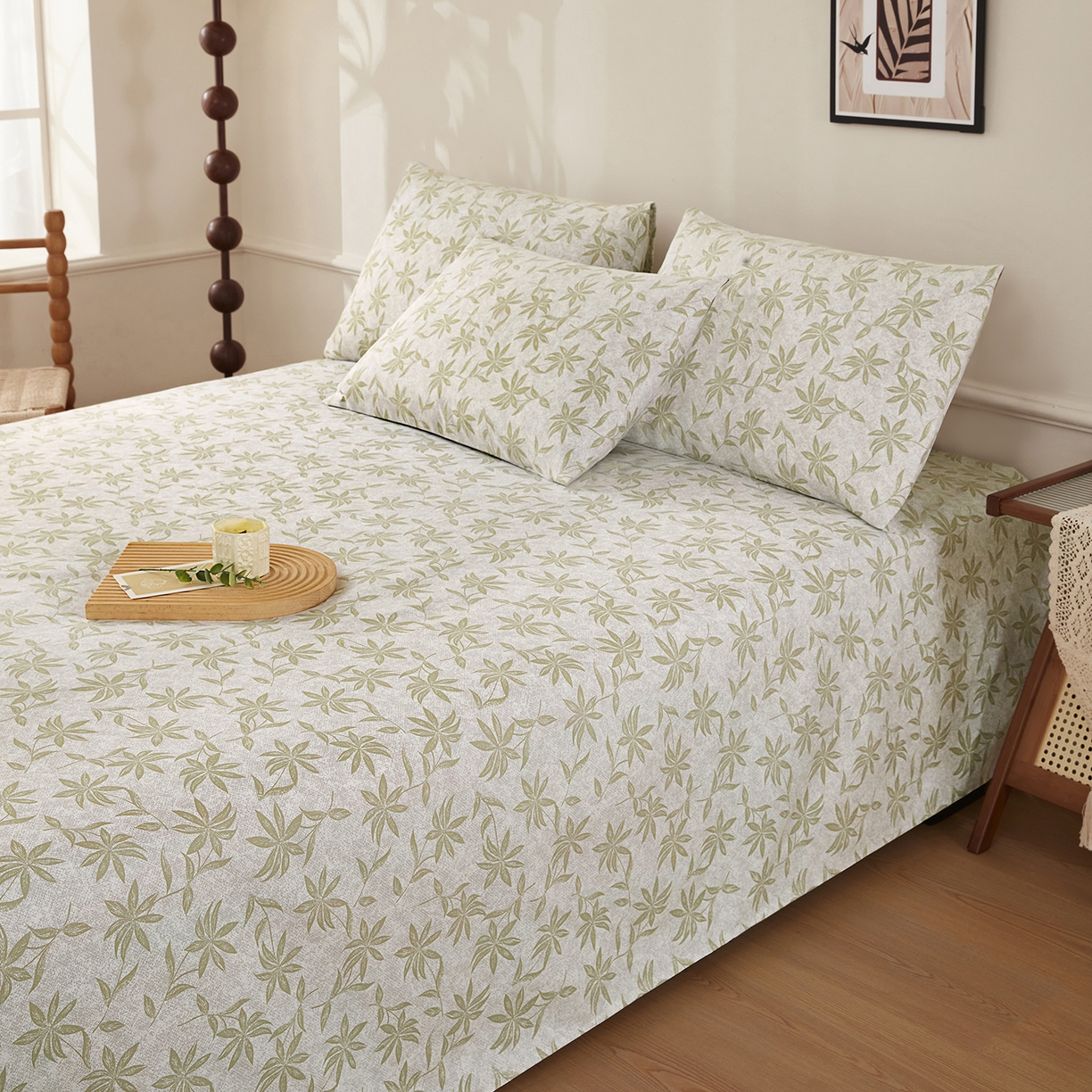 91家纺网 家纺一手货源 找家纺 美丽折家纺 2026春夏新款原棉老粗布单床单床单单件床单三件套 绿影