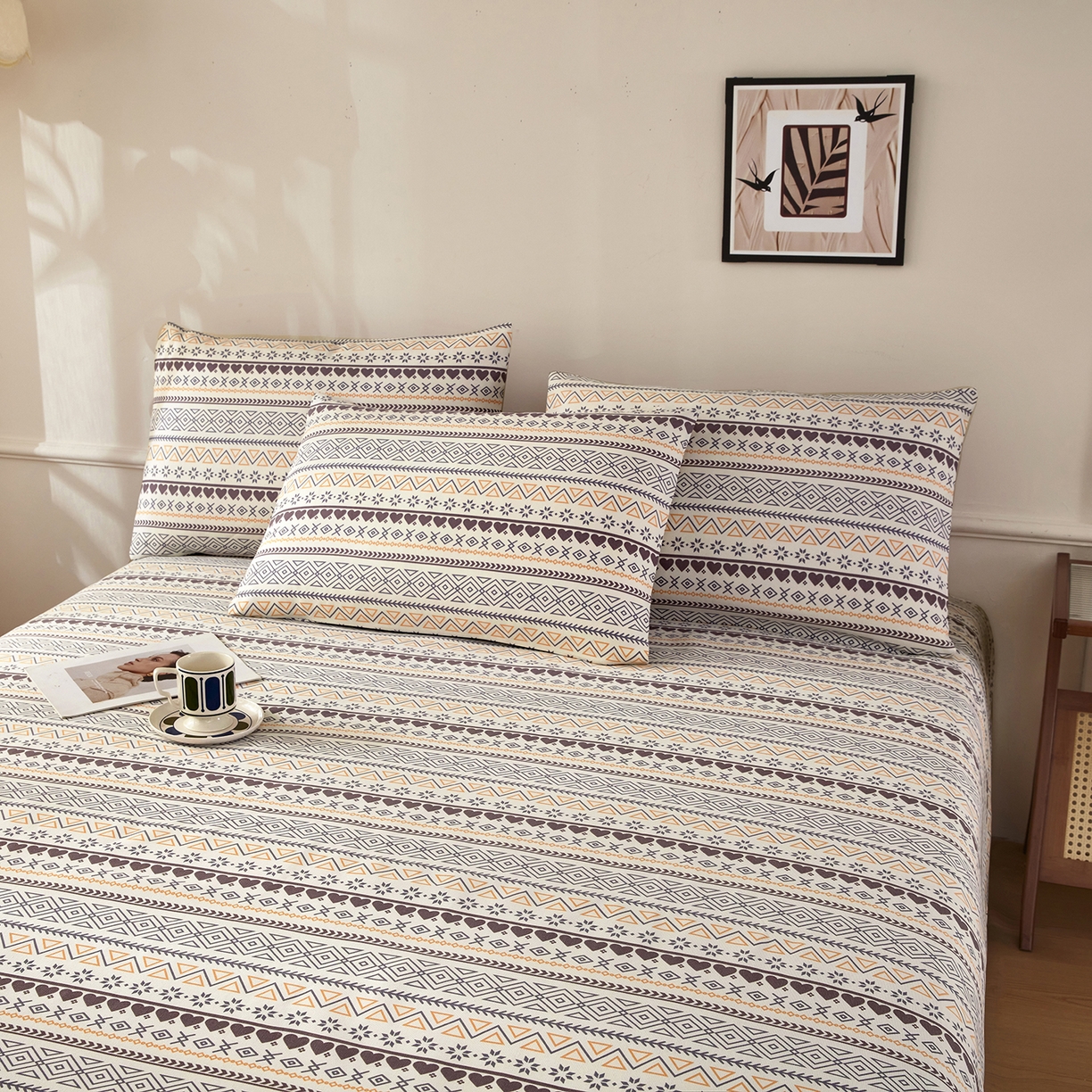 91家纺网 家纺一手货源 找家纺 美丽折家纺 2026春夏新款原棉老粗布单床单床单单件床单三件套 波西米亚-咖