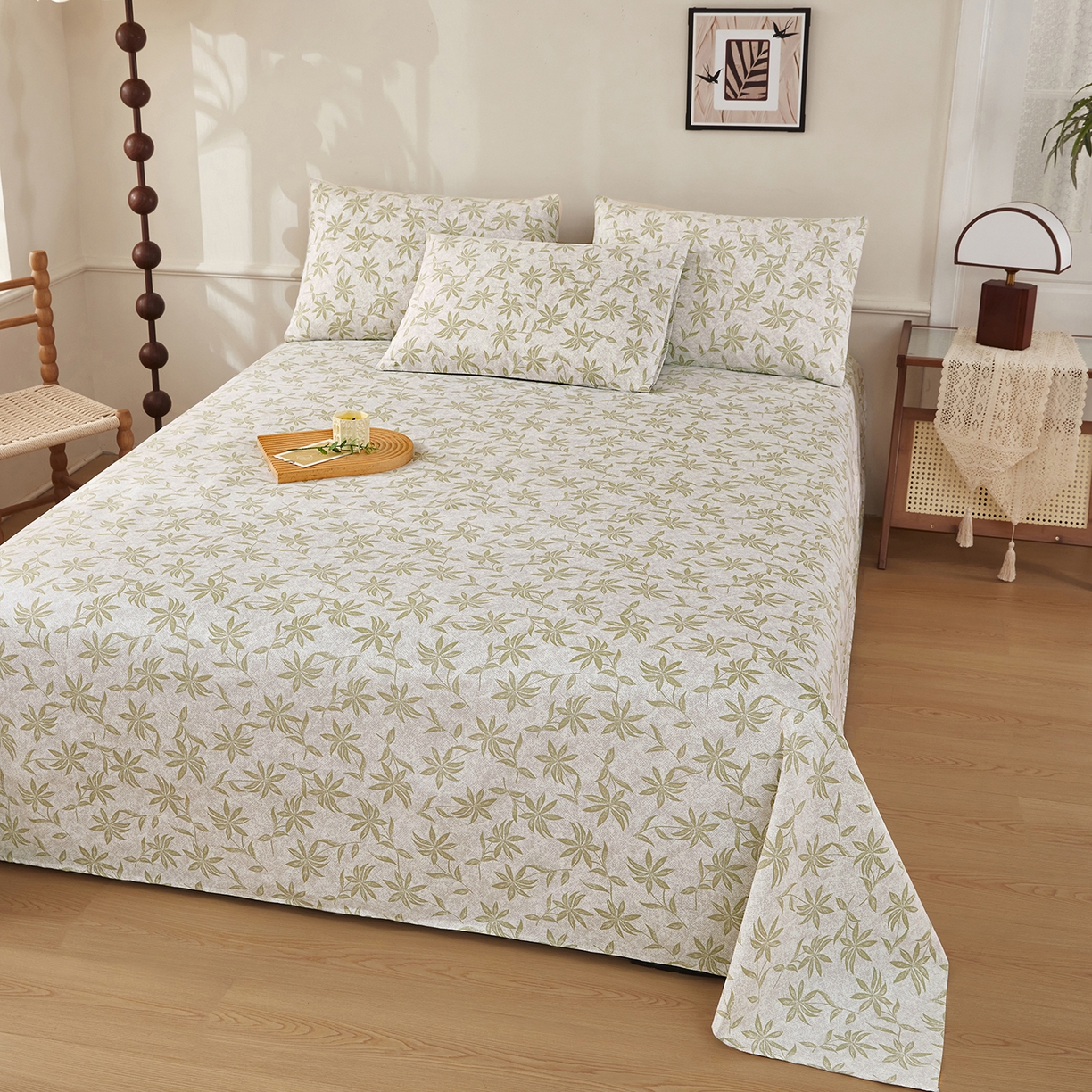 91家纺网 家纺一手货源 找家纺 美丽折家纺 2026春夏新款原棉老粗布单床单床单单件床单三件套 绿影