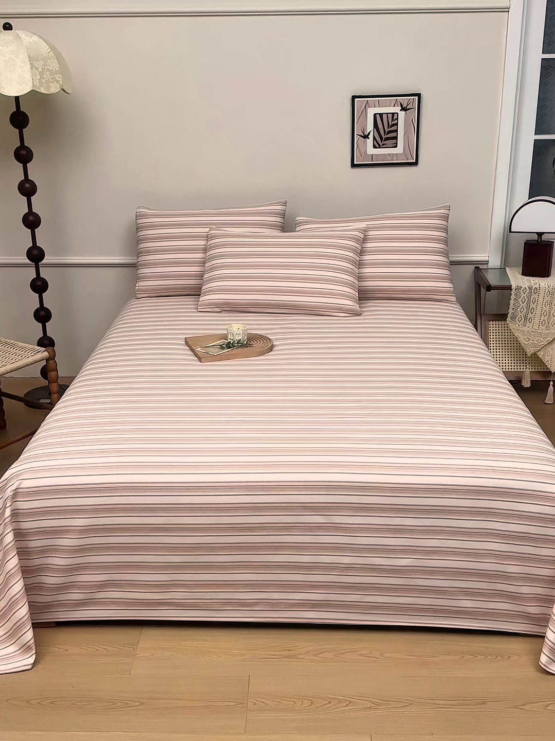 91家纺网 家纺一手货源 找家纺 美丽折家纺 2026春夏新款原棉老粗布单床单床单单件床单三件套 条纹-粉