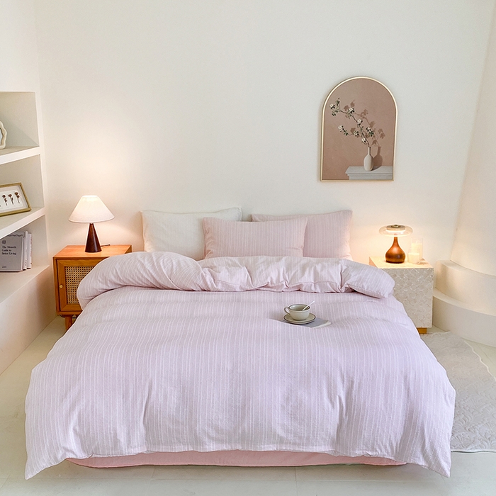 瑜珠家纺 2026新款水洗棉提花四件套-绵屿 绵屿-浅粉