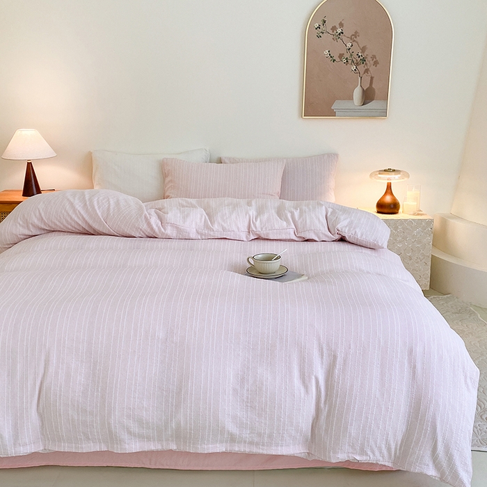 91家纺网 家纺一手货源 找家纺 瑜珠家纺 2026新款水洗棉提花四件套-绵屿 绵屿-浅粉