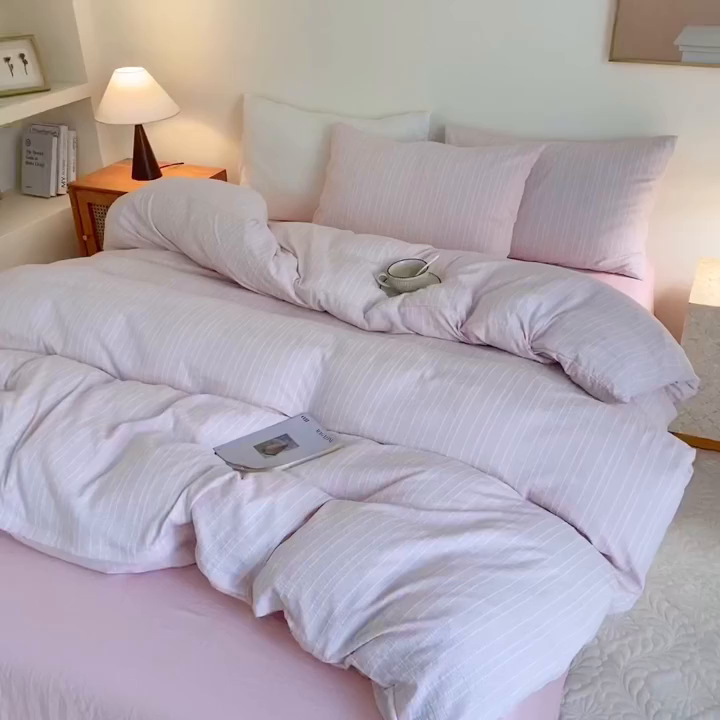 91家纺网 家纺一手货源 找家纺 瑜珠家纺 2026新款水洗棉提花四件套-绵屿 绵屿-浅粉