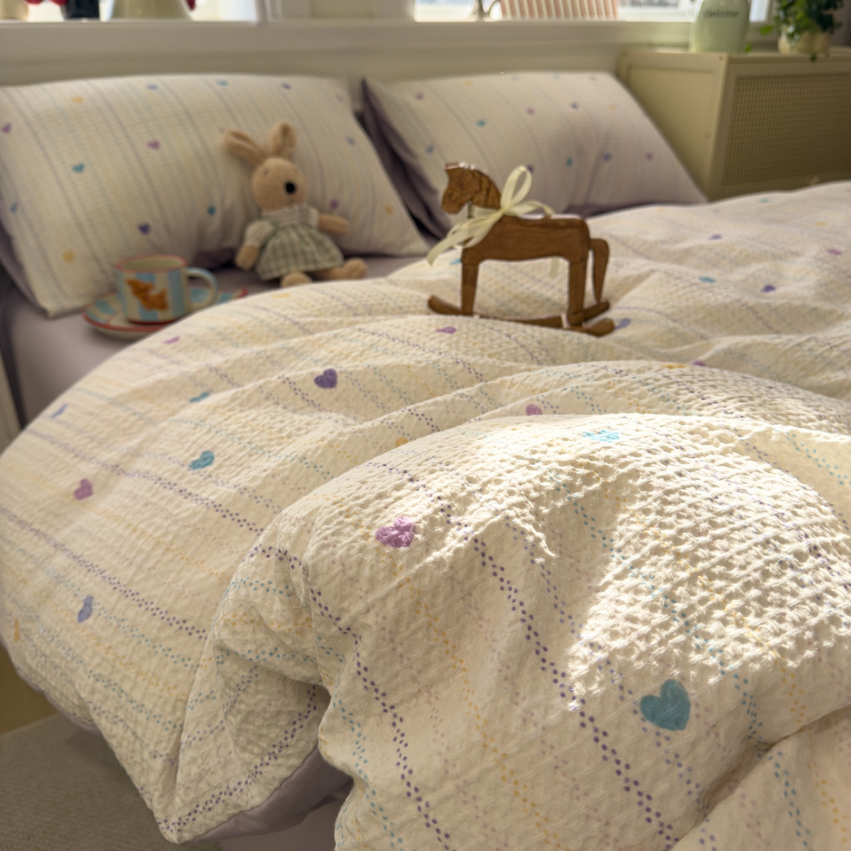 91家纺网 家纺一手货源 找家纺 眠博士 2026新款A类全棉印花华夫格工艺四件套 全棉华夫格-紫心甜条