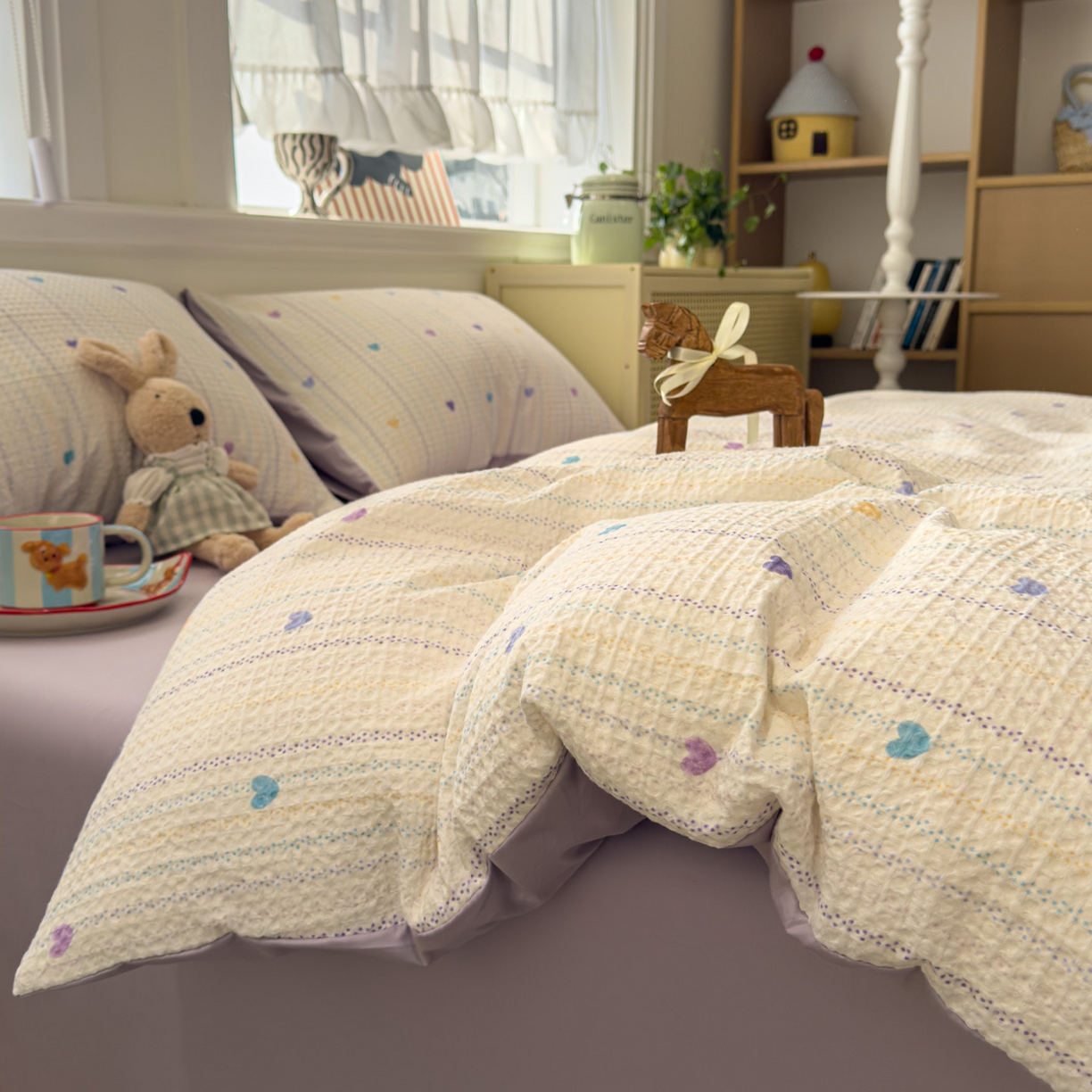 91家纺网 家纺一手货源 找家纺 眠博士 2026新款A类全棉印花华夫格工艺四件套 全棉华夫格-紫心甜条