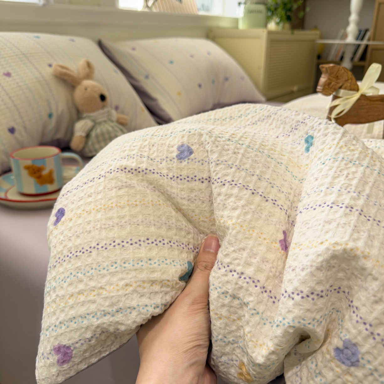 91家纺网 家纺一手货源 找家纺 眠博士 2026新款A类全棉印花华夫格工艺四件套 全棉华夫格-紫心甜条