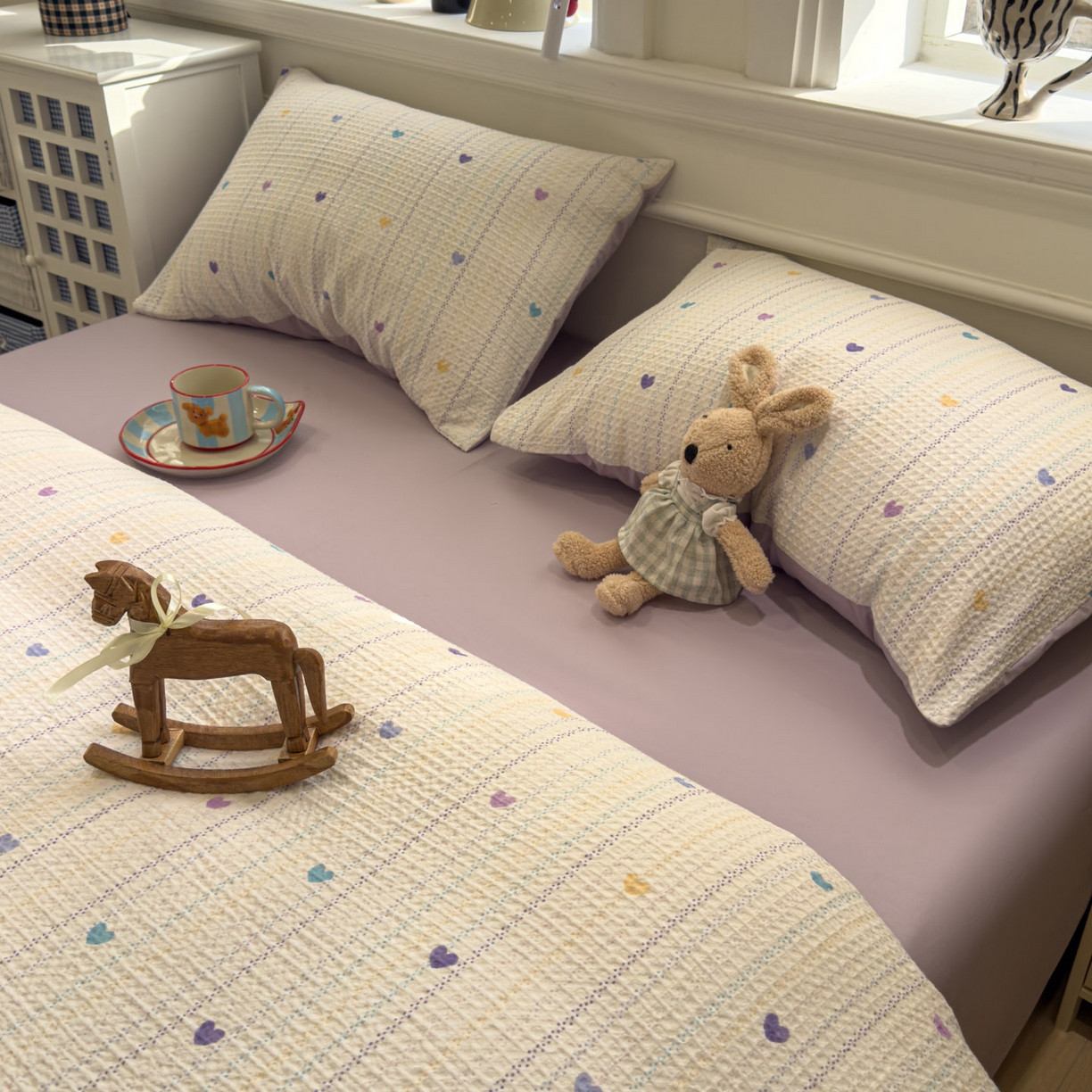 91家纺网 家纺一手货源 找家纺 眠博士 2026新款A类全棉印花华夫格工艺四件套 全棉华夫格-紫心甜条