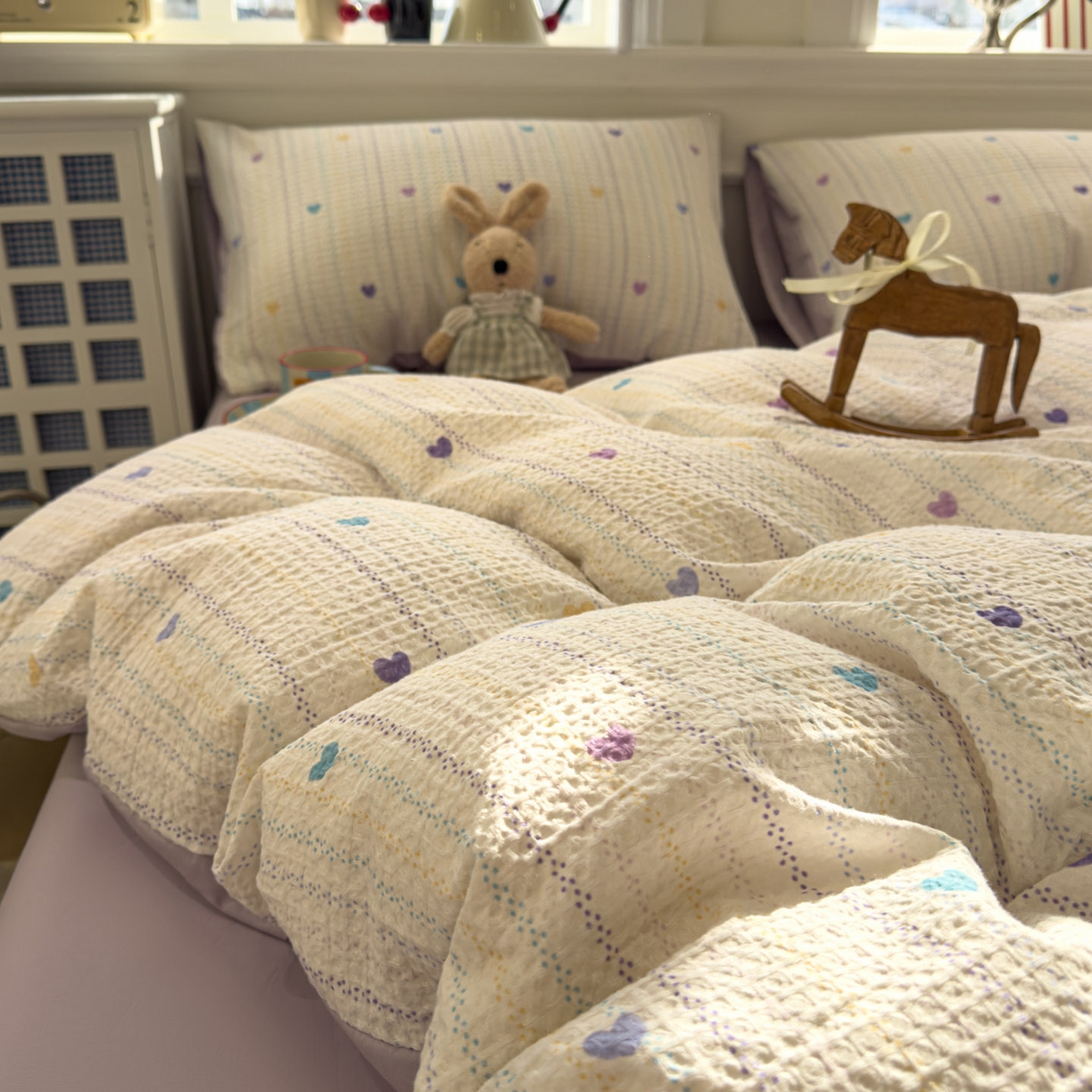 91家纺网 家纺一手货源 找家纺 眠博士 2026新款A类全棉印花华夫格工艺四件套 全棉华夫格-紫心甜条