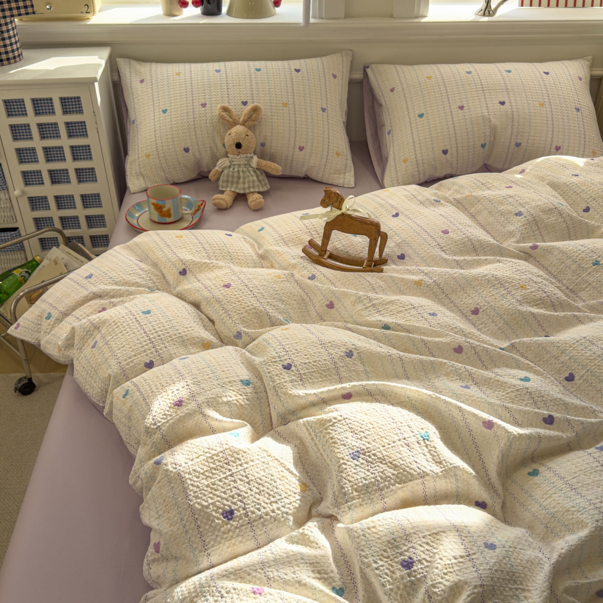 91家纺网 家纺一手货源 找家纺 眠博士 2026新款A类全棉印花华夫格工艺四件套 全棉华夫格-紫心甜条