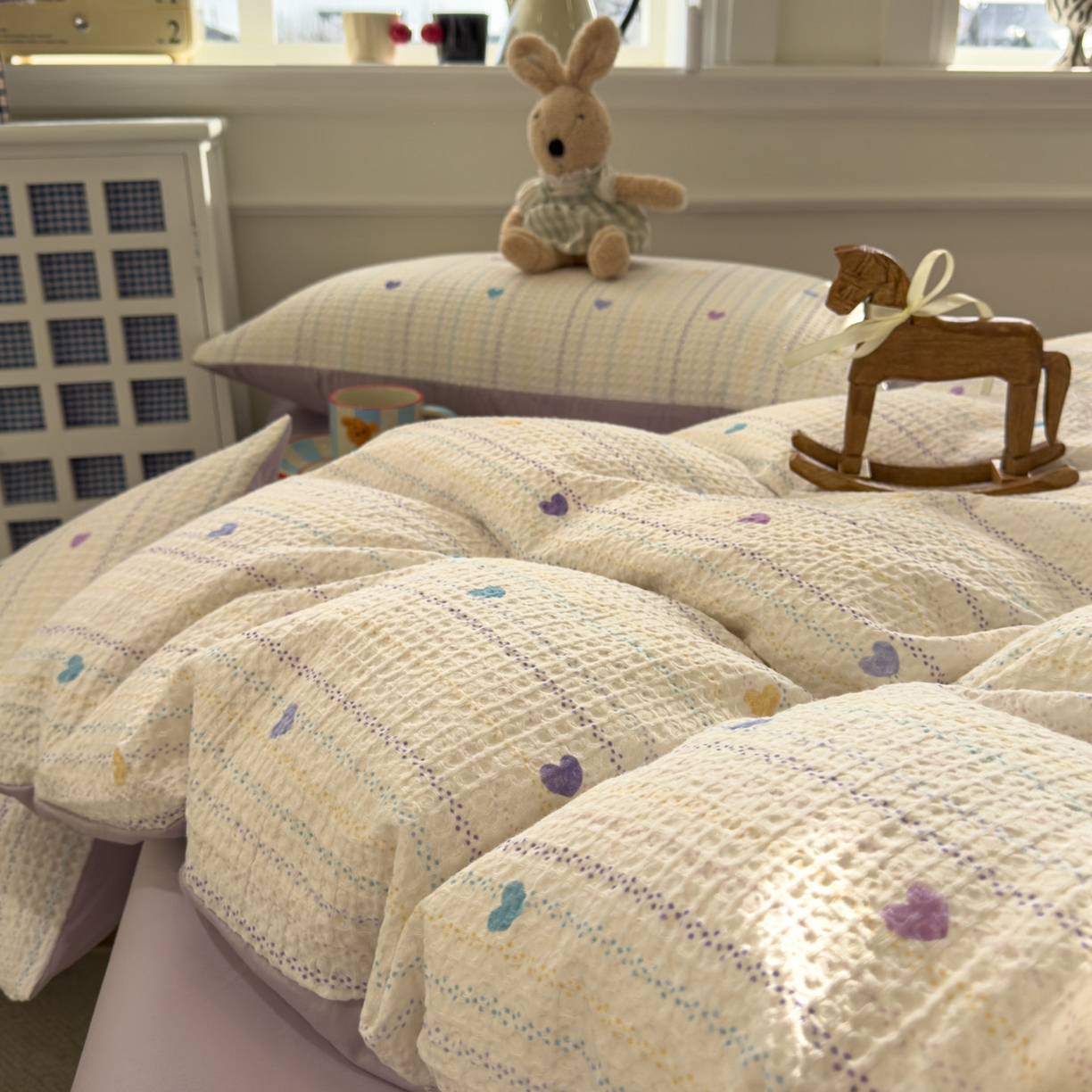 91家纺网 家纺一手货源 找家纺 眠博士 2026新款A类全棉印花华夫格工艺四件套 全棉华夫格-紫心甜条