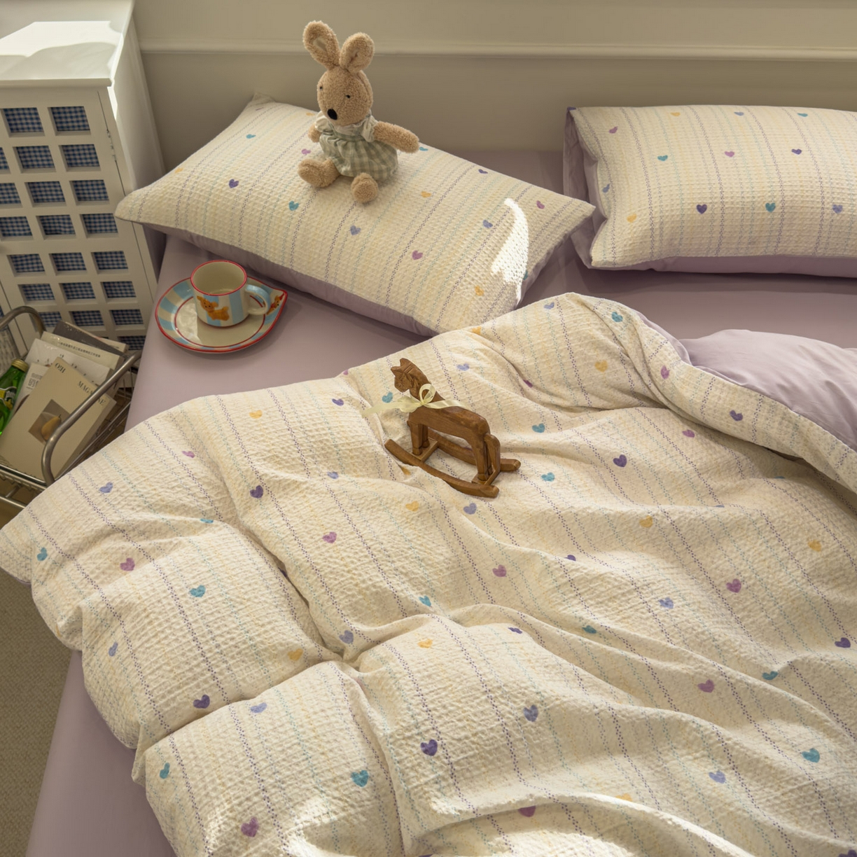 91家纺网 家纺一手货源 找家纺 眠博士 2026新款A类全棉印花华夫格工艺四件套 全棉华夫格-紫心甜条