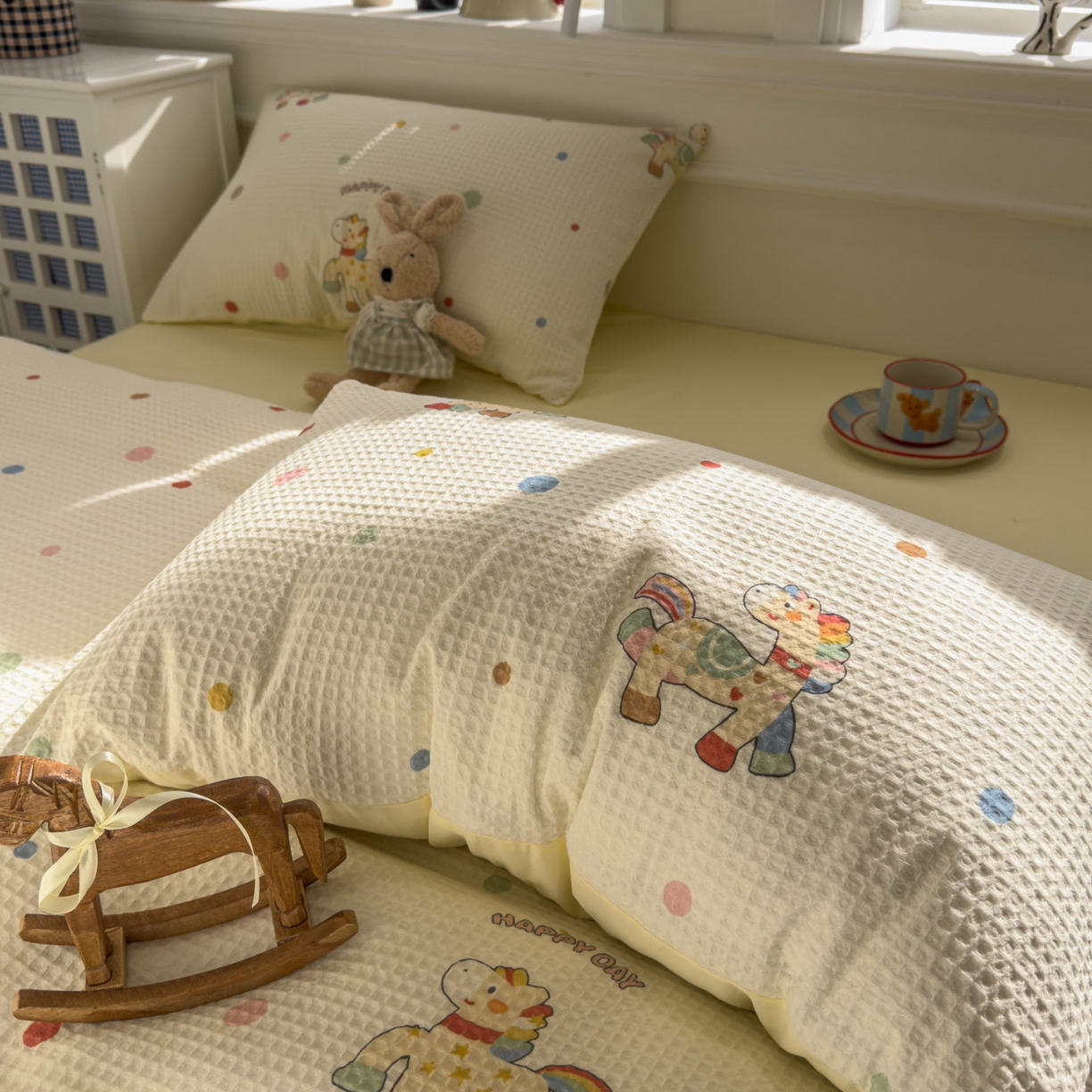 91家纺网 家纺一手货源 找家纺 眠博士 2026新款A类全棉印花华夫格工艺四件套 全棉华夫格-彩虹萌骑