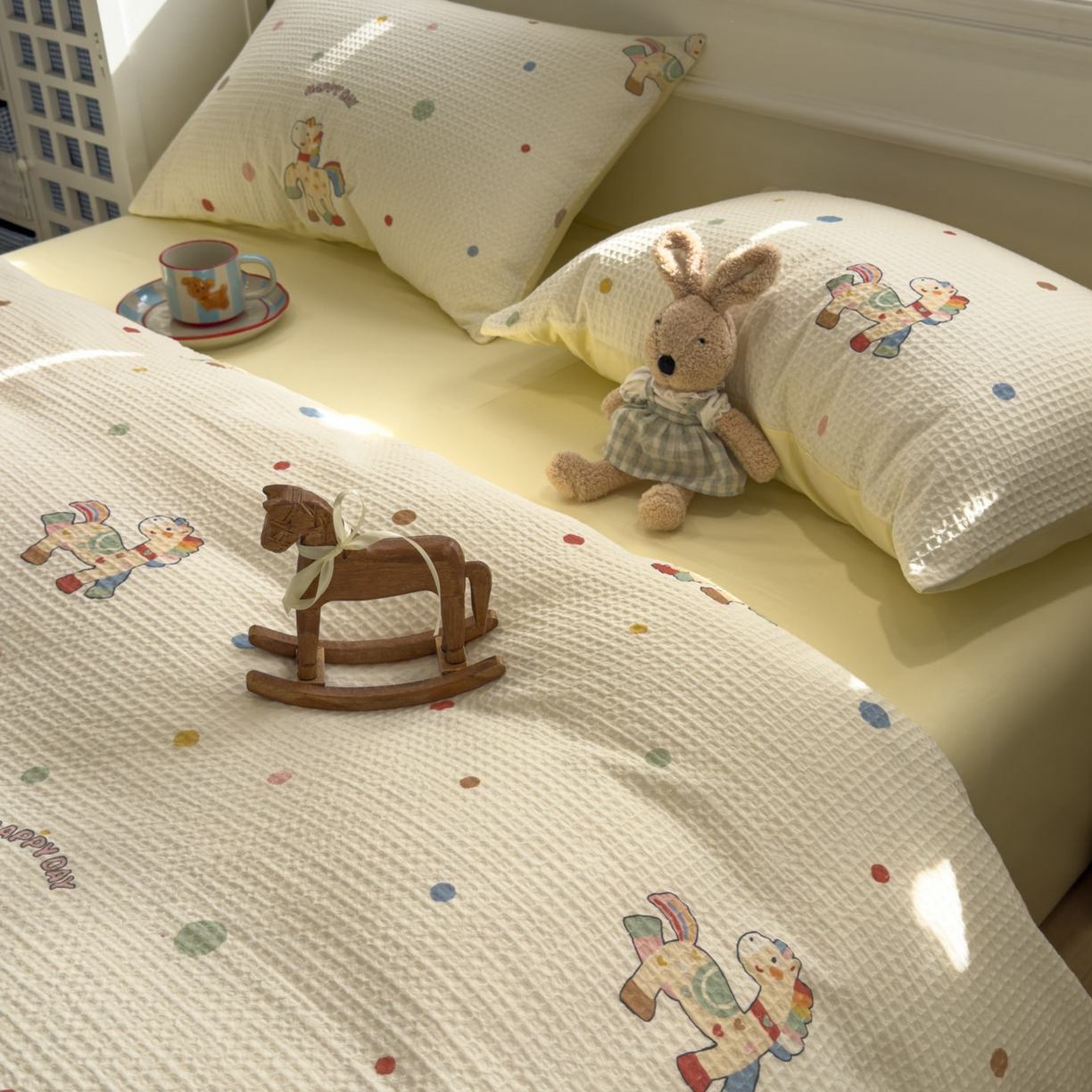 91家纺网 家纺一手货源 找家纺 眠博士 2026新款A类全棉印花华夫格工艺四件套 全棉华夫格-彩虹萌骑