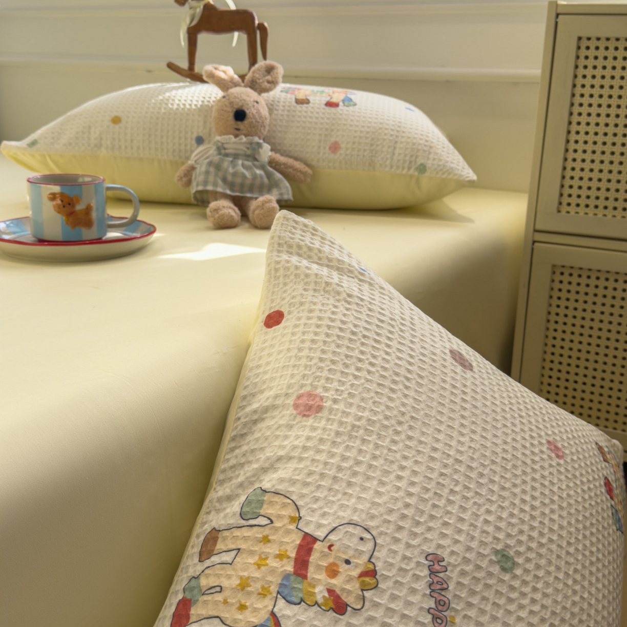 91家纺网 家纺一手货源 找家纺 眠博士 2026新款A类全棉印花华夫格工艺四件套 全棉华夫格-彩虹萌骑