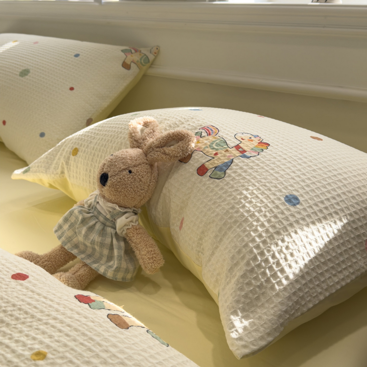 91家纺网 家纺一手货源 找家纺 眠博士 2026新款A类全棉印花华夫格工艺四件套 全棉华夫格-彩虹萌骑