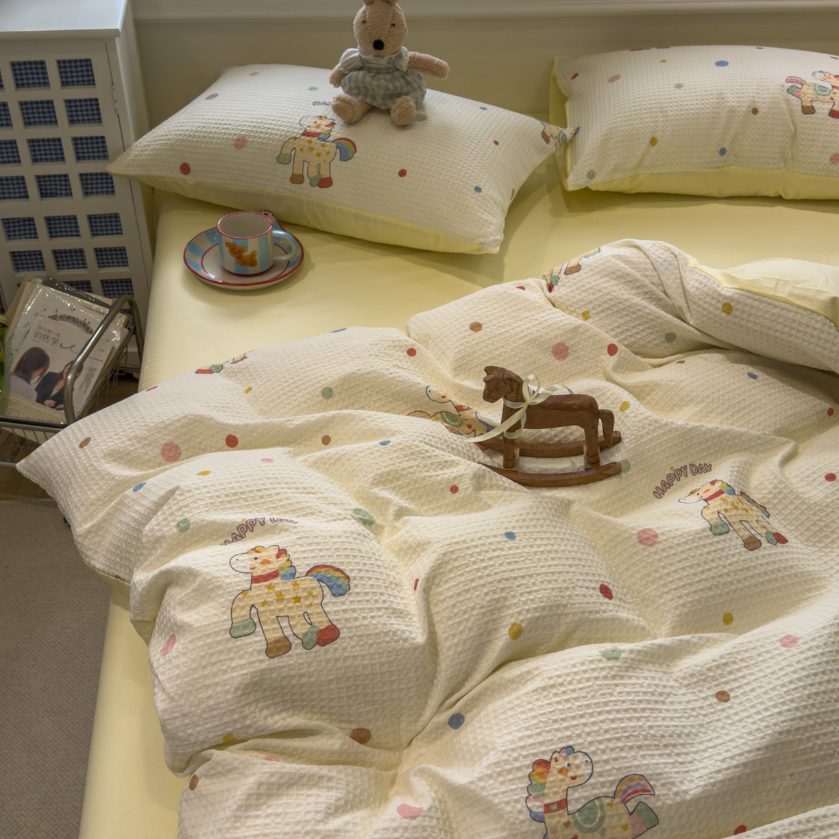 91家纺网 家纺一手货源 找家纺 眠博士 2026新款A类全棉印花华夫格工艺四件套 全棉华夫格-彩虹萌骑