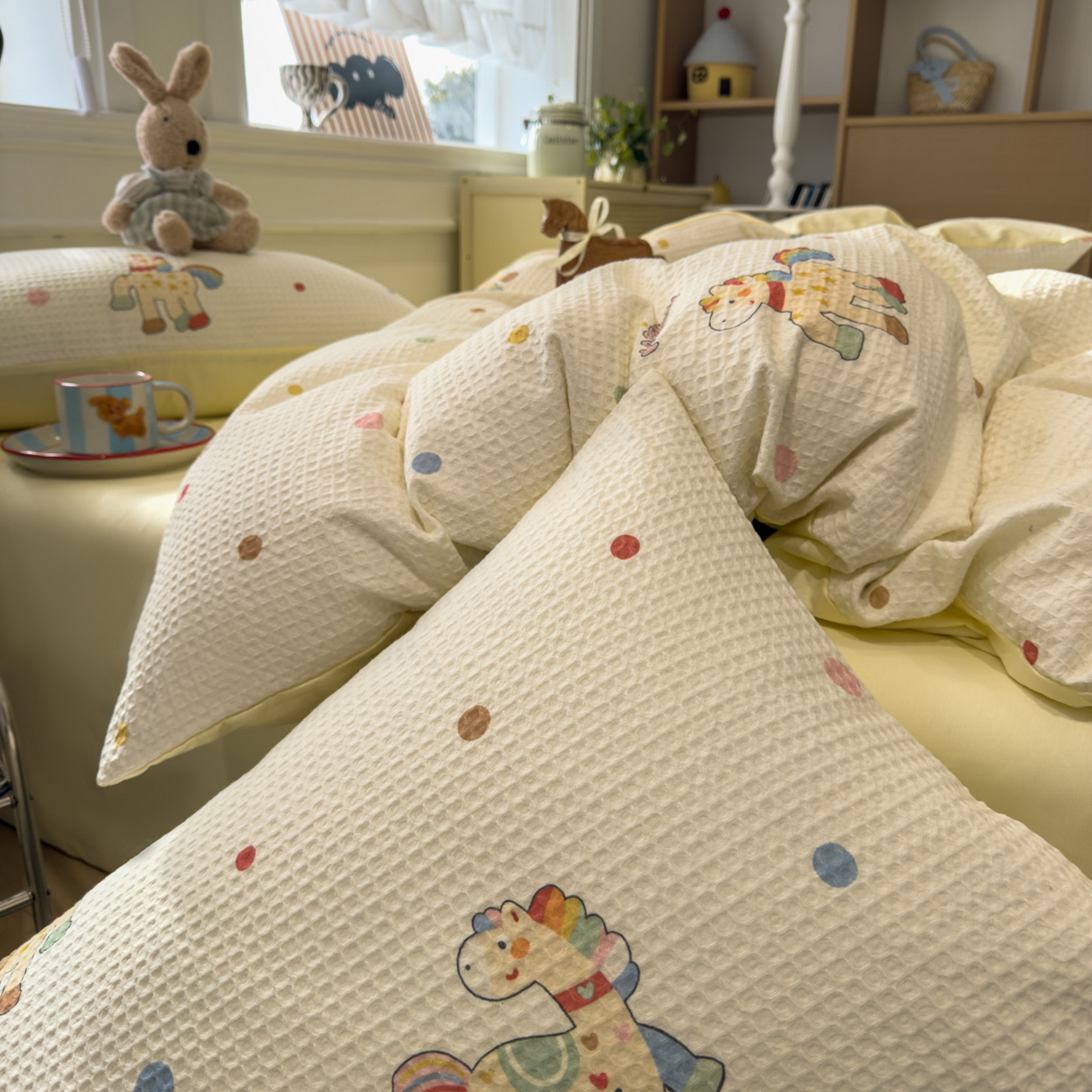 91家纺网 家纺一手货源 找家纺 眠博士 2026新款A类全棉印花华夫格工艺四件套 全棉华夫格-彩虹萌骑